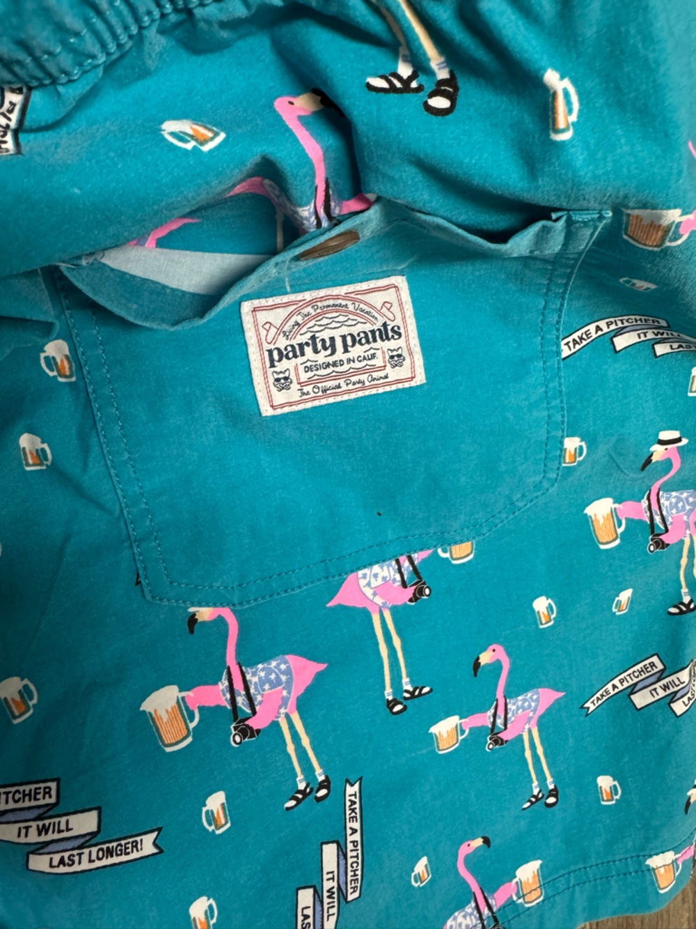 Party Pants Men’s Teal Flamingo Print Swim Trunks XL Stretch Beach Shorts Lace